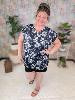 Becca Button Sleeve Scoopbottom Top in Black Floral-1- ShortSlv/Slvless Tops-HEIMISH-Styled by Stacked - A Plus Size Women's Boutique in Lakeville, MN