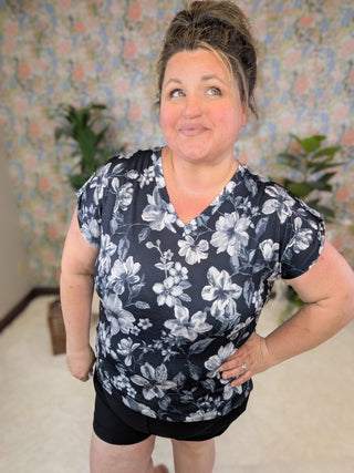 Becca Button Sleeve Scoopbottom Top in Black Floral-1- ShortSlv/Slvless Tops-HEIMISH-Styled by Stacked - A Plus Size Women's Boutique in Lakeville, MN