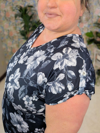 Becca Button Sleeve Scoopbottom Top in Black Floral-1- ShortSlv/Slvless Tops-HEIMISH-Styled by Stacked - A Plus Size Women's Boutique in Lakeville, MN
