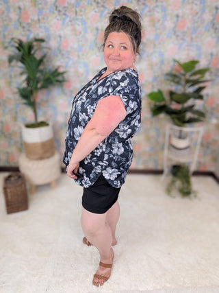 Becca Button Sleeve Scoopbottom Top in Black Floral-1- ShortSlv/Slvless Tops-HEIMISH-Styled by Stacked - A Plus Size Women's Boutique in Lakeville, MN