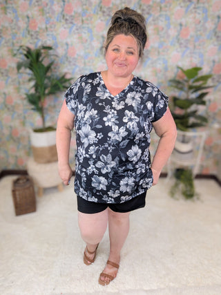 Becca Button Sleeve Scoopbottom Top in Black Floral-1- ShortSlv/Slvless Tops-HEIMISH-Styled by Stacked - A Plus Size Women's Boutique in Lakeville, MN