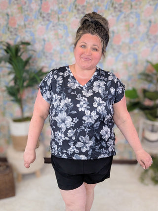 Becca Button Sleeve Scoopbottom Top in Black Floral-1- ShortSlv/Slvless Tops-HEIMISH-Styled by Stacked - A Plus Size Women's Boutique in Lakeville, MN