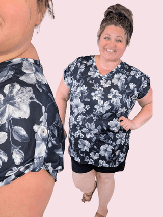 Becca Button Sleeve Scoopbottom Top in Black Floral-1- ShortSlv/Slvless Tops-HEIMISH-Styled by Stacked - A Plus Size Women's Boutique in Lakeville, MN