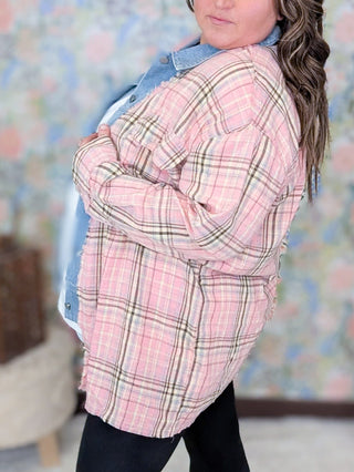 4- Overlayer Tops Becky Plaid Meets Denim Twofer Top in Pink plus size clothing