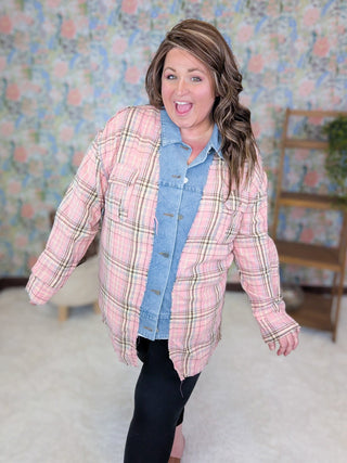 4- Overlayer Tops Becky Plaid Meets Denim Twofer Top in Pink plus size clothing