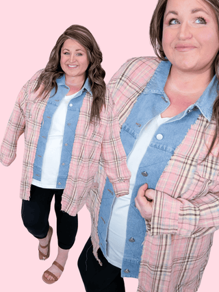 4- Overlayer Tops Becky Plaid Meets Denim Twofer Top in Pink plus size clothing