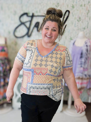 Berkley Short Sleeve Pocket Top in Taupe Patchwork-1- ShortSlv/Slvless Tops-LOVELY MELODY-Styled by Stacked - A Plus Size Women's Boutique in Lakeville, MN
