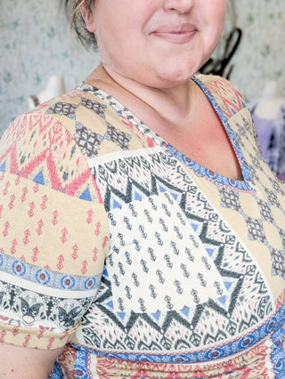 Berkley Short Sleeve Pocket Top in Taupe Patchwork-1- ShortSlv/Slvless Tops-LOVELY MELODY-Styled by Stacked - A Plus Size Women's Boutique in Lakeville, MN