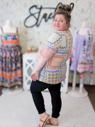 Berkley Short Sleeve Pocket Top in Taupe Patchwork-1- ShortSlv/Slvless Tops-LOVELY MELODY-Styled by Stacked - A Plus Size Women's Boutique in Lakeville, MN