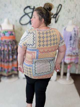 Berkley Short Sleeve Pocket Top in Taupe Patchwork-1- ShortSlv/Slvless Tops-LOVELY MELODY-Styled by Stacked - A Plus Size Women's Boutique in Lakeville, MN