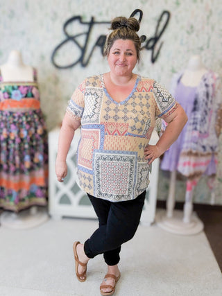 Berkley Short Sleeve Pocket Top in Taupe Patchwork-1- ShortSlv/Slvless Tops-LOVELY MELODY-Styled by Stacked - A Plus Size Women's Boutique in Lakeville, MN