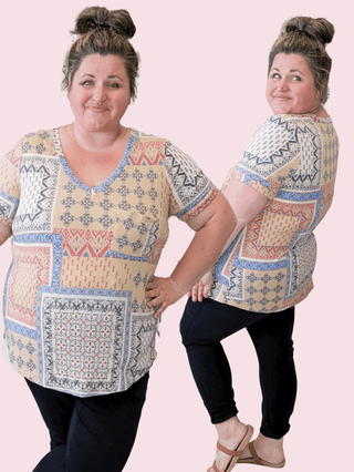 Berkley Short Sleeve Pocket Top in Taupe Patchwork-1- ShortSlv/Slvless Tops-LOVELY MELODY-Styled by Stacked - A Plus Size Women's Boutique in Lakeville, MN