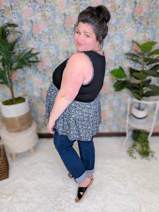 Bernie Smocked Tiered Tank in Ditsy Floral (2 Colors)-1- ShortSlv/Slvless Tops-BE STAGE-Styled by Stacked - A Plus Size Women's Boutique in Lakeville, MN