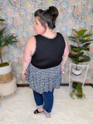 Bernie Smocked Tiered Tank in Ditsy Floral (2 Colors)-1- ShortSlv/Slvless Tops-BE STAGE-Styled by Stacked - A Plus Size Women's Boutique in Lakeville, MN