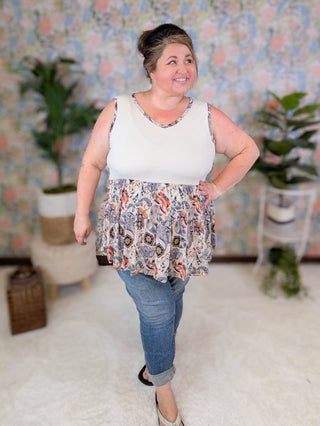 Bernie Vneck Smocked Tiered Tank in Paisley Print-1- ShortSlv/Slvless Tops-BE STAGE-Styled by Stacked - A Plus Size Women's Boutique in Lakeville, MN