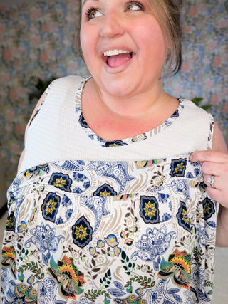 Bernie Vneck Smocked Tiered Tank in Paisley Print-1- ShortSlv/Slvless Tops-BE STAGE-Styled by Stacked - A Plus Size Women's Boutique in Lakeville, MN