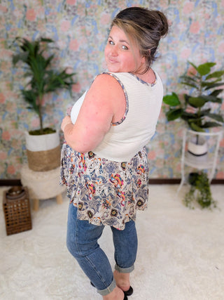 Bernie Vneck Smocked Tiered Tank in Paisley Print-1- ShortSlv/Slvless Tops-BE STAGE-Styled by Stacked - A Plus Size Women's Boutique in Lakeville, MN