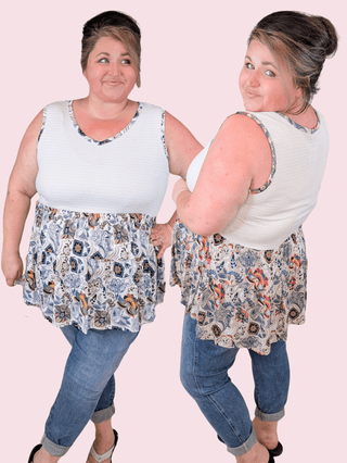 Bernie Vneck Smocked Tiered Tank in Paisley Print-1- ShortSlv/Slvless Tops-BE STAGE-Styled by Stacked - A Plus Size Women's Boutique in Lakeville, MN