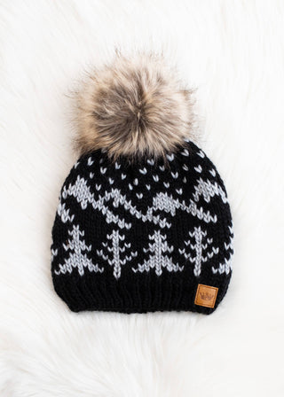 ***Black w/ Gray Trees Winter Pattern Pom Hat-12- Accessories & Gifts-Panache Apparel Co.-Styled by Stacked - A Plus Size Women's Boutique in Lakeville, MN