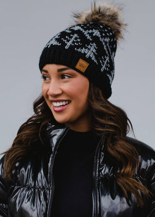 ***Black w/ Gray Trees Winter Pattern Pom Hat-12- Accessories & Gifts-Panache Apparel Co.-Styled by Stacked - A Plus Size Women's Boutique in Lakeville, MN