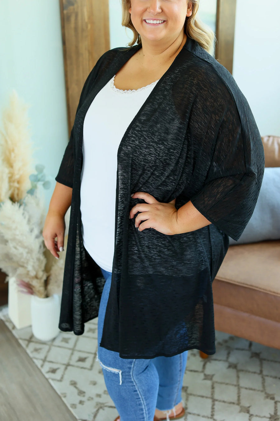 Sheer Stripes MonoChrome Open Kimono