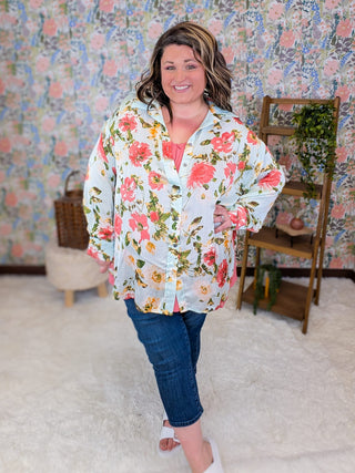 2- Long Sleeve Tops Blossom Floral Airy Button Down Top (2 Colors) plus size clothing