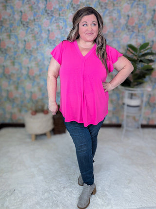 Blythe V-neck Flutter Sleeve Top in Solids-1- ShortSlv/Slvless Tops-WHITE BIRCH-Styled by Stacked - A Plus Size Women's Boutique in Lakeville, MN