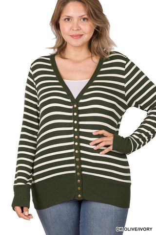 BobbiJo Striped Cardigan w/Snap Details-4- Overlayer Tops-zenana-Styled by Stacked - A Plus Size Women's Boutique in Lakeville, MN
