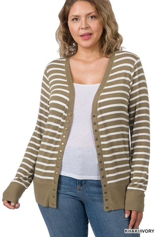 BobbiJo Striped Cardigan w/Snap Details-4- Overlayer Tops-zenana-Styled by Stacked - A Plus Size Women's Boutique in Lakeville, MN