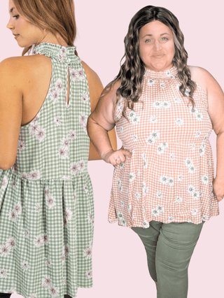 Brandi Gingham + Floral Highneck Halter Tank-1- ShortSlv/Slvless Tops-WHITE BIRCH-Styled by Stacked - A Plus Size Women's Boutique in Lakeville, MN