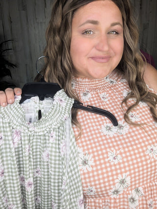 Brandi Gingham + Floral Highneck Halter Tank-1- ShortSlv/Slvless Tops-WHITE BIRCH-Styled by Stacked - A Plus Size Women's Boutique in Lakeville, MN
