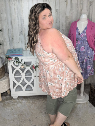Brandi Gingham + Floral Highneck Halter Tank-1- ShortSlv/Slvless Tops-WHITE BIRCH-Styled by Stacked - A Plus Size Women's Boutique in Lakeville, MN