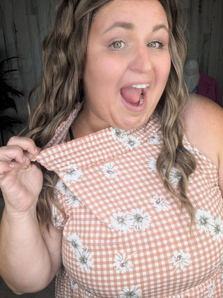 Brandi Gingham + Floral Highneck Halter Tank-1- ShortSlv/Slvless Tops-WHITE BIRCH-Styled by Stacked - A Plus Size Women's Boutique in Lakeville, MN