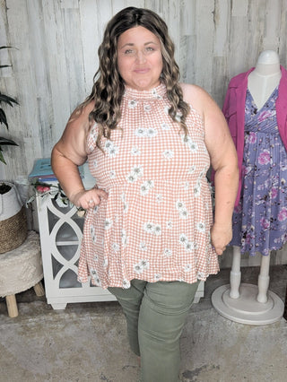 Brandi Gingham + Floral Highneck Halter Tank-1- ShortSlv/Slvless Tops-WHITE BIRCH-Styled by Stacked - A Plus Size Women's Boutique in Lakeville, MN