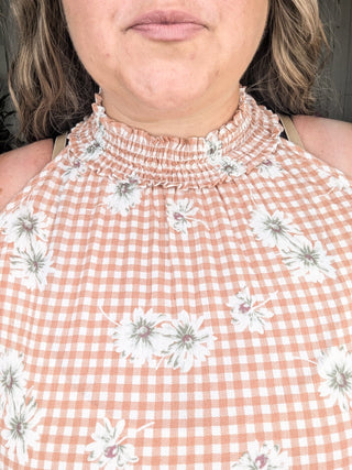 Brandi Gingham + Floral Highneck Halter Tank-1- ShortSlv/Slvless Tops-WHITE BIRCH-Styled by Stacked - A Plus Size Women's Boutique in Lakeville, MN