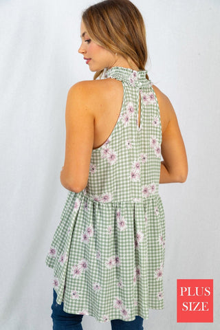 Brandi Gingham + Floral Highneck Halter Tank-1- ShortSlv/Slvless Tops-WHITE BIRCH-Styled by Stacked - A Plus Size Women's Boutique in Lakeville, MN