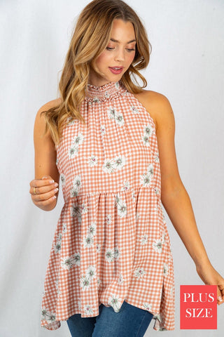 Brandi Gingham + Floral Highneck Halter Tank-1- ShortSlv/Slvless Tops-WHITE BIRCH-Styled by Stacked - A Plus Size Women's Boutique in Lakeville, MN