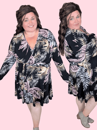 Bray Long Sleeve Faux-Wrap Dress in Black Botanical-11- Dress/Romp/Jump-WHITE BIRCH-Styled by Stacked - A Plus Size Women's Boutique in Lakeville, MN