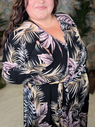 Bray Long Sleeve Faux-Wrap Dress in Black Botanical-11- Dress/Romp/Jump-WHITE BIRCH-Styled by Stacked - A Plus Size Women's Boutique in Lakeville, MN