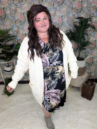 Bray Long Sleeve Faux-Wrap Dress in Black Botanical-11- Dress/Romp/Jump-WHITE BIRCH-Styled by Stacked - A Plus Size Women's Boutique in Lakeville, MN