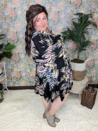 Bray Long Sleeve Faux-Wrap Dress in Black Botanical-11- Dress/Romp/Jump-WHITE BIRCH-Styled by Stacked - A Plus Size Women's Boutique in Lakeville, MN