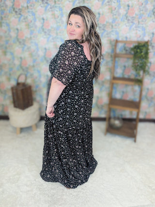 Brea Vintage Floral Smocked Maxi Dress in Black-11- Dress/Romp/Jump-WHITE BIRCH-Styled by Stacked - A Plus Size Women's Boutique in Lakeville, MN