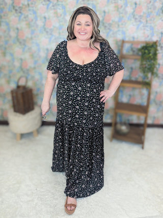 Brea Vintage Floral Smocked Maxi Dress in Black-11- Dress/Romp/Jump-WHITE BIRCH-Styled by Stacked - A Plus Size Women's Boutique in Lakeville, MN