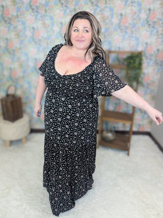 Brea Vintage Floral Smocked Maxi Dress in Black-11- Dress/Romp/Jump-WHITE BIRCH-Styled by Stacked - A Plus Size Women's Boutique in Lakeville, MN