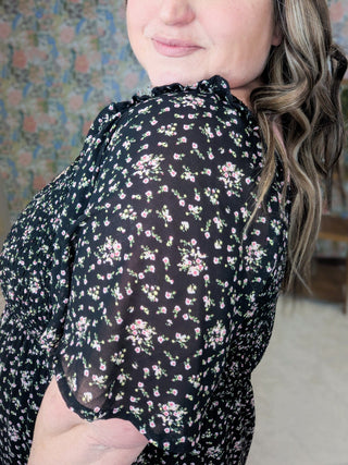 Brea Vintage Floral Smocked Maxi Dress in Black-11- Dress/Romp/Jump-WHITE BIRCH-Styled by Stacked - A Plus Size Women's Boutique in Lakeville, MN