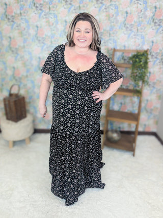 Brea Vintage Floral Smocked Maxi Dress in Black-11- Dress/Romp/Jump-WHITE BIRCH-Styled by Stacked - A Plus Size Women's Boutique in Lakeville, MN