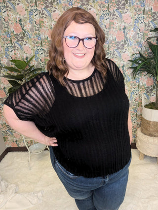 Brenna Open Knit Short Sleeve Boxy Sweater-1- ShortSlv/Slvless Tops-WHITE BIRCH-Styled by Stacked - A Plus Size Women's Boutique in Lakeville, MN