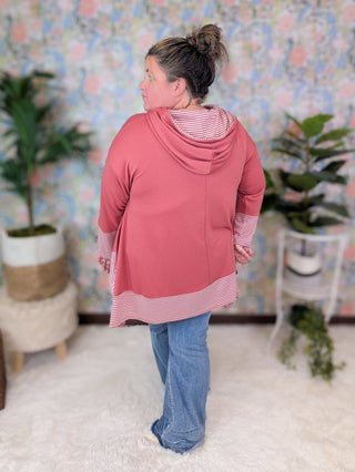 Brett Stripe Accent Flowy Hooded Top (2 Colors)-3- Hooded Tops-EMERALD-Styled by Stacked - A Plus Size Women's Boutique in Lakeville, MN