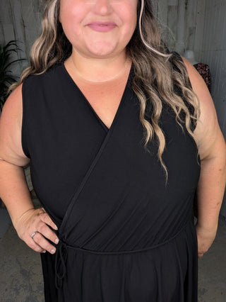 Briar Surplice Flutter Romper Dress in True Black-11- Dress/Romp/Jump-WHITE BIRCH-Styled by Stacked - A Plus Size Women's Boutique in Lakeville, MN