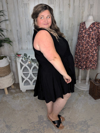 Briar Surplice Flutter Romper Dress in True Black-11- Dress/Romp/Jump-WHITE BIRCH-Styled by Stacked - A Plus Size Women's Boutique in Lakeville, MN